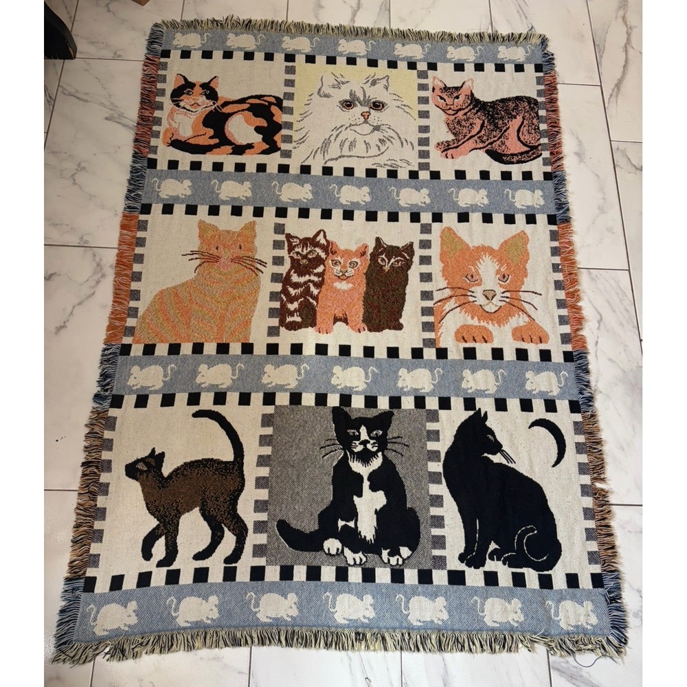 Vtg Cat Tapestry Throw Blanket Woven Fringed Checkerboard Window Kittens